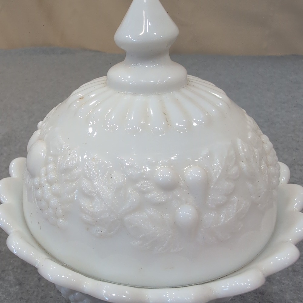 Vintage White Milk Glass Harvest Fruit Embossed Pedestal Candy Dish with Lid - Picture 4 of 8